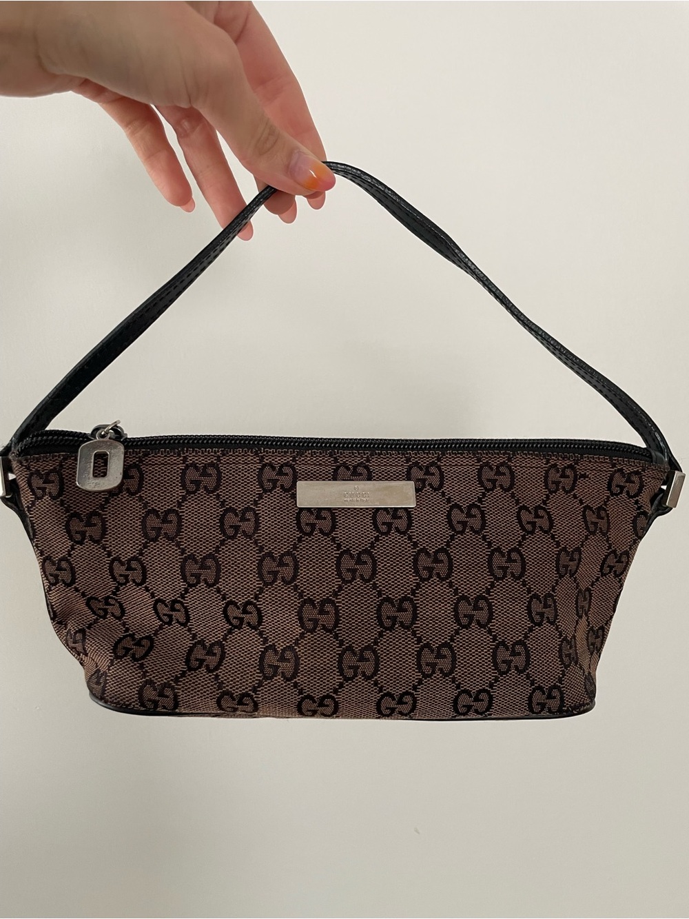 Authentic Vintage Gucci Brown Monogram Mini Pouch HandBag with Black Trim
